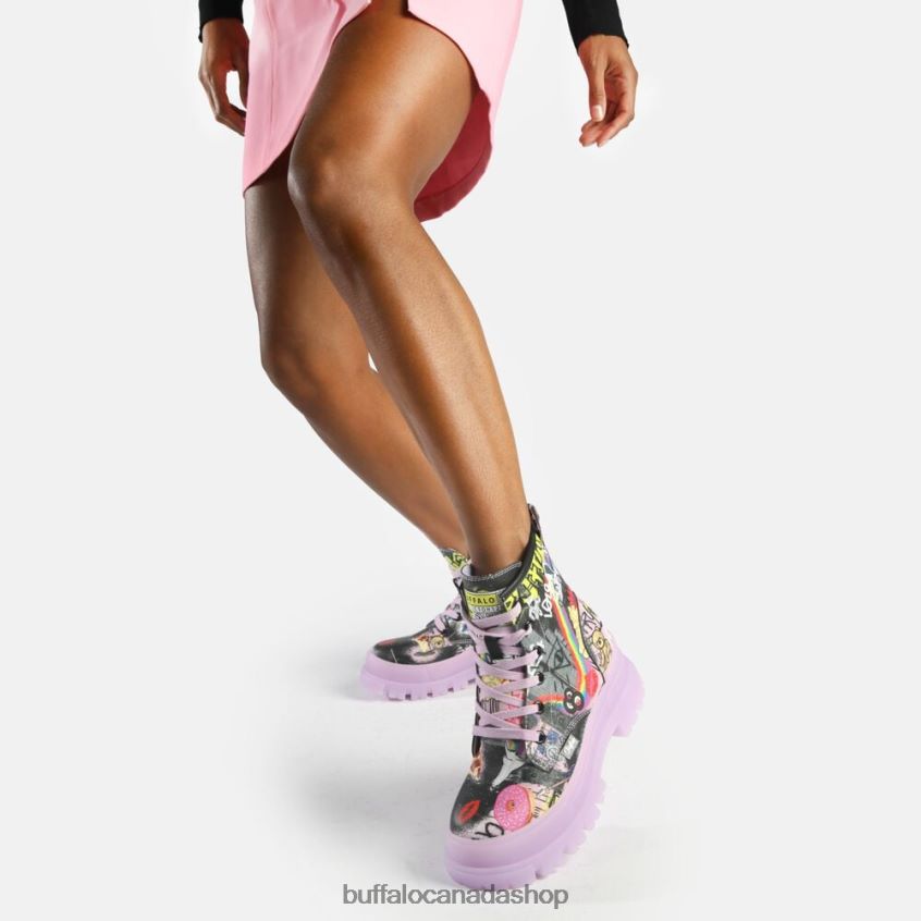 Aspha Lace Up Hi Ankle Boot vegan Purple/Black Graffiti Buffalo ZL64TZ436 |Boots