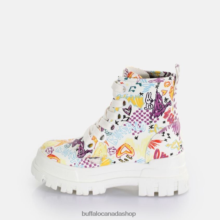 Aspha Lace Up Hi Ankle-Boot vegan White Graffiti Buffalo ZL64TZ375 |Boots