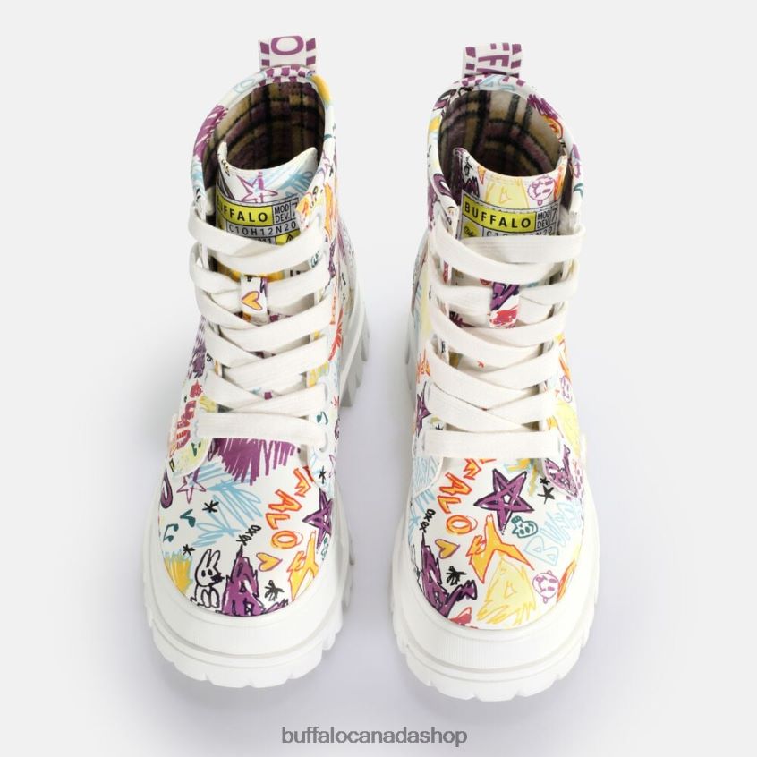Aspha Lace Up Hi Ankle-Boot vegan White Graffiti Buffalo ZL64TZ375 |Boots