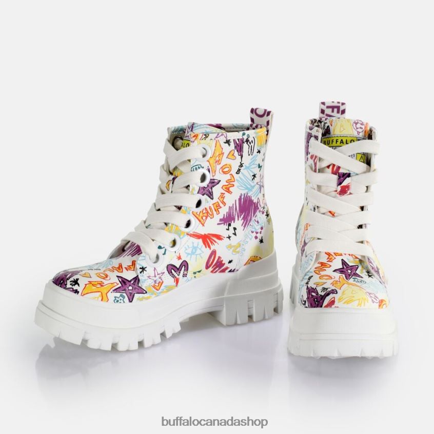 Aspha Lace Up Hi Ankle-Boot vegan White Graffiti Buffalo ZL64TZ375 |Boots