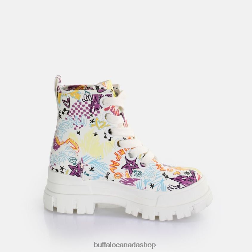 Aspha Lace Up Hi Ankle-Boot vegan White Graffiti Buffalo ZL64TZ375 |Boots