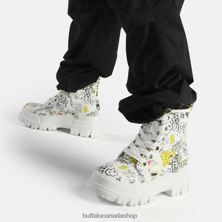 Aspha Lace Up Hi Ankle Boot vegan White Graffiti Buffalo ZL64TZ438 |Boots