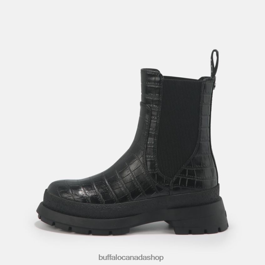 Simona Bootie Flat vegan Black In Crocodile Pattern Buffalo ZL64TZ459 |Boots