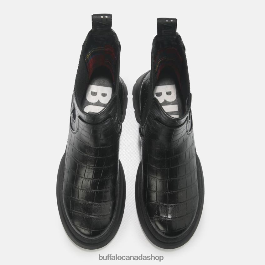 Simona Bootie Flat vegan Black In Crocodile Pattern Buffalo ZL64TZ459 |Boots